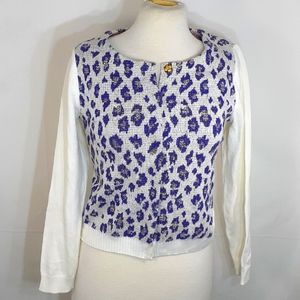 Coohem button-down Tweed sweater leopard print purple white yellow new with tags